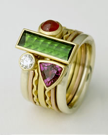 Stacking Ring multi-stone' in mixed golds with green Tourmaline, Ruby, mauve Sapphire and diamond